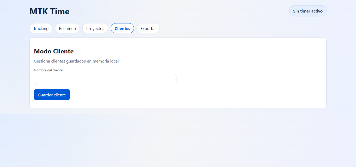 Pantalla Clientes de MTK Time