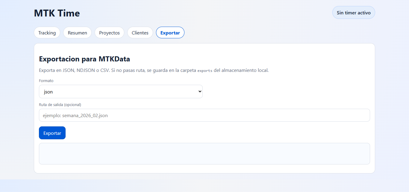 Pantalla Exportar de MTK Time
