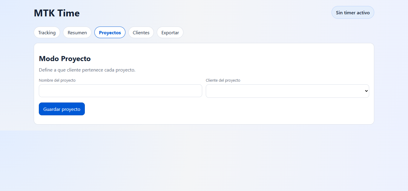 Pantalla Proyectos de MTK Time